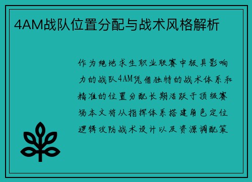 4AM战队位置分配与战术风格解析