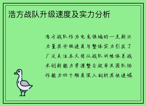 浩方战队升级速度及实力分析