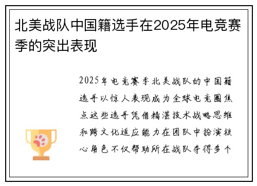 北美战队中国籍选手在2025年电竞赛季的突出表现