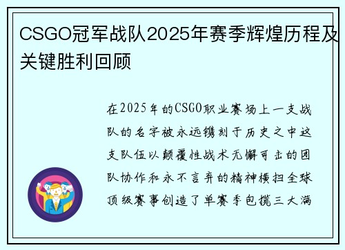 CSGO冠军战队2025年赛季辉煌历程及关键胜利回顾