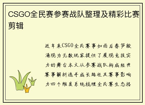 CSGO全民赛参赛战队整理及精彩比赛剪辑
